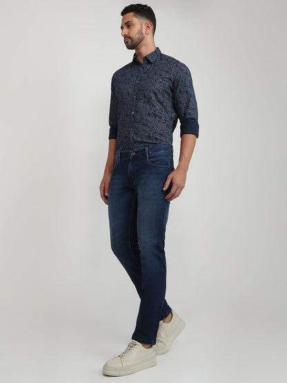 Parx Men Blue Knitted Low Rise Tapered Fit Cotton Blend Jeans