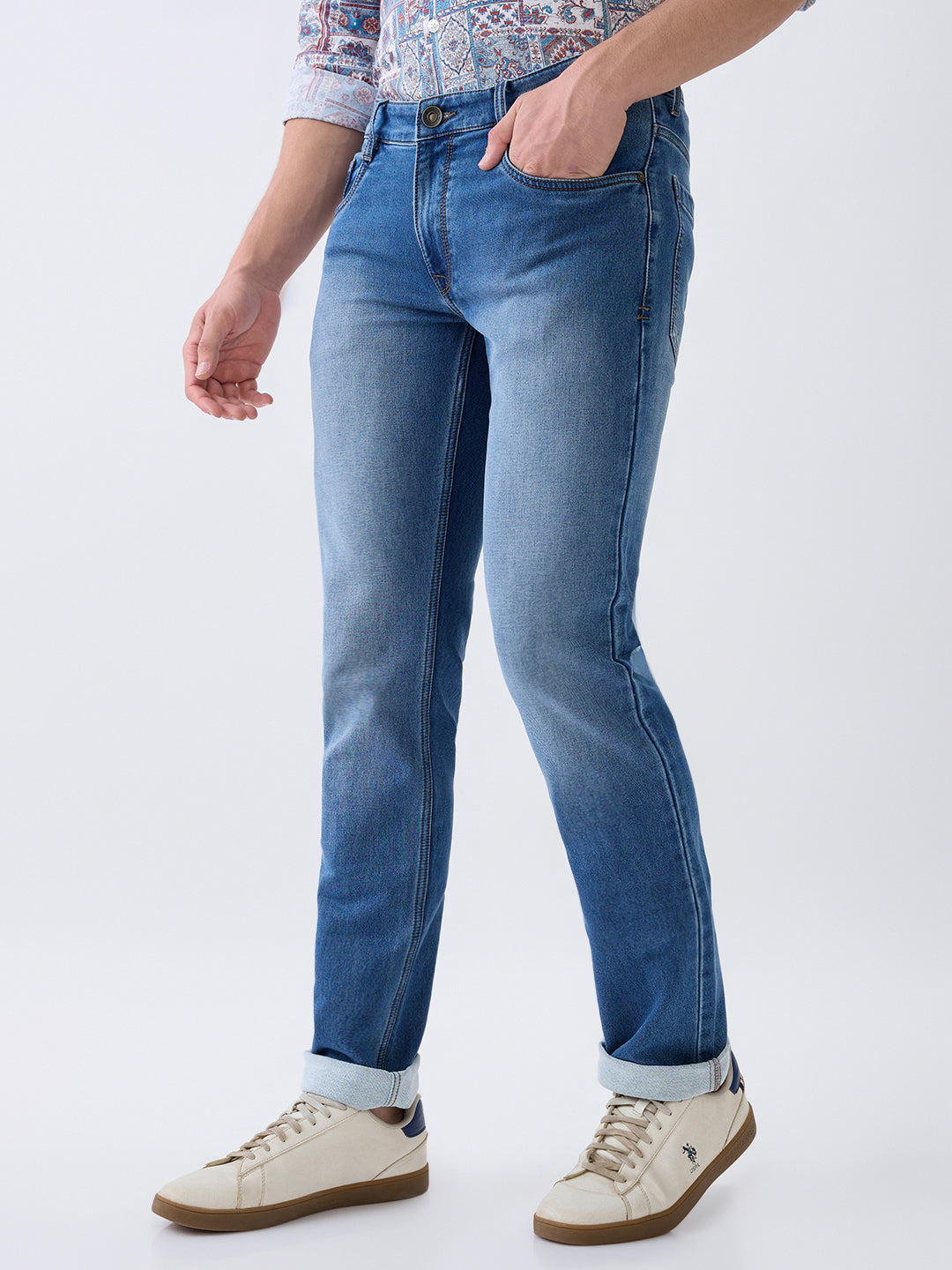 Parx Men Blue Knitted Low Rise Tapered Fit Cotton Blend Jeans