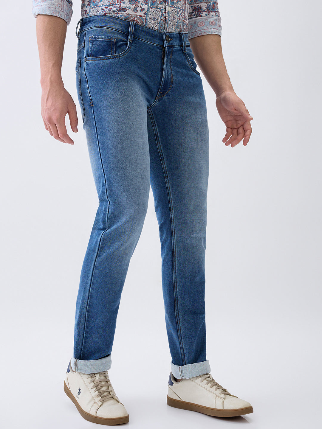 Parx Men Blue Knitted Low Rise Tapered Fit Cotton Blend Jeans