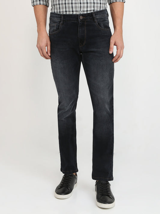 Parx Men Black Twill Low Rise Tapered Fit Cotton Blend Jeans