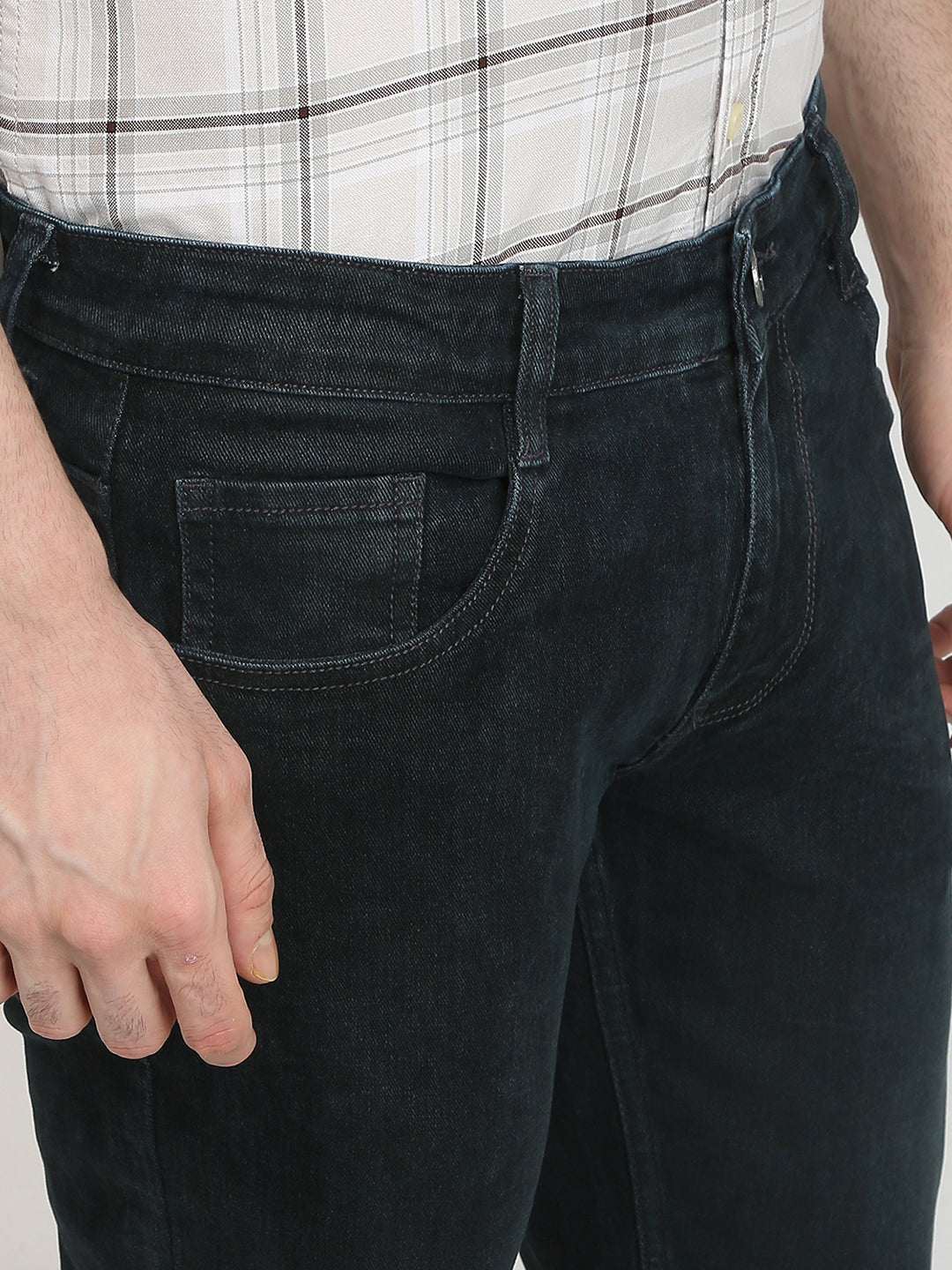 Parx Men Green Twill Low Rise Tapered Fit Cotton Blend Jeans