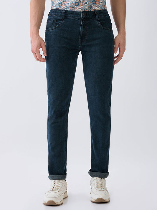 Parx Men Green Twill Low Rise Tapered Fit Cotton Blend Jeans