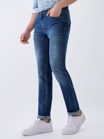 Parx Men Blue Twill Low Rise Tapered Fit Cotton Blend Jeans