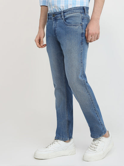 Parx Men Blue Twill Low Rise Tapered Fit Cotton Blend Jeans