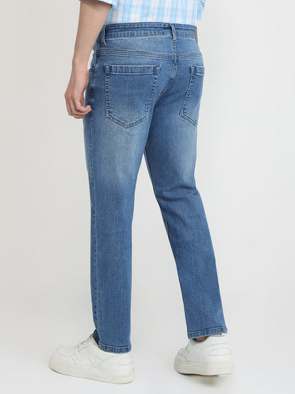 Parx Men Blue Twill Low Rise Tapered Fit Cotton Blend Jeans