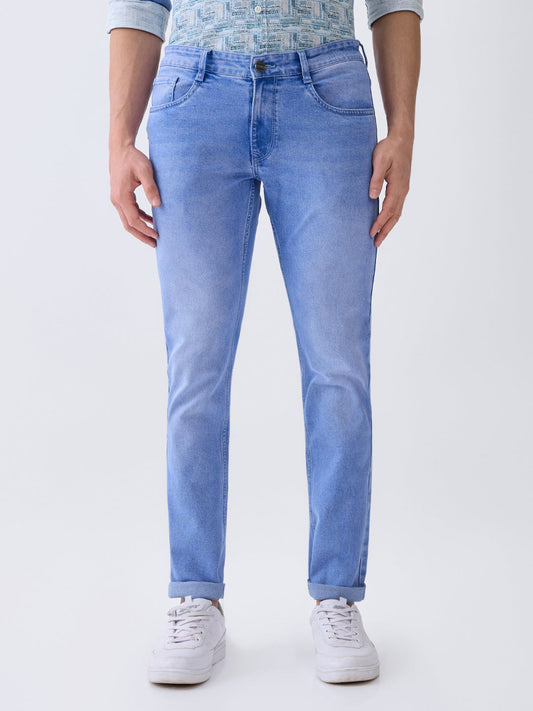 Parx Men Blue Twill Low Rise Tapered Fit Cotton Blend Jeans