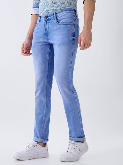 Parx Men Blue Twill Low Rise Tapered Fit Cotton Blend Jeans