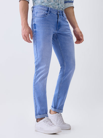 Parx Men Blue Twill Low Rise Tapered Fit Cotton Blend Jeans
