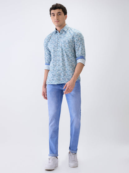 Parx Men Blue Twill Low Rise Tapered Fit Cotton Blend Jeans