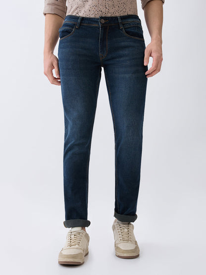 Parx Men Blue Knitted Low Rise Tapered Fit Cotton Blend Jeans