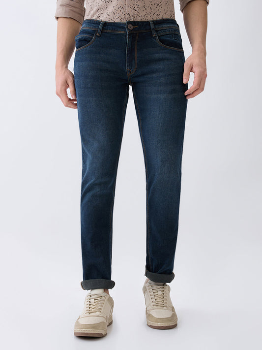 Parx Men Blue Knitted Low Rise Tapered Fit Cotton Blend Jeans