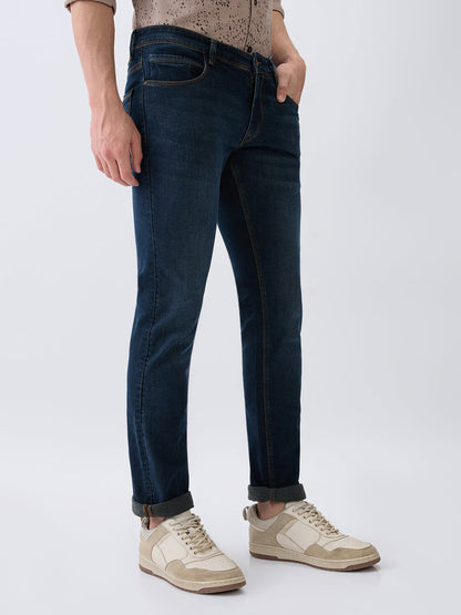 Parx Men Blue Knitted Low Rise Tapered Fit Cotton Blend Jeans