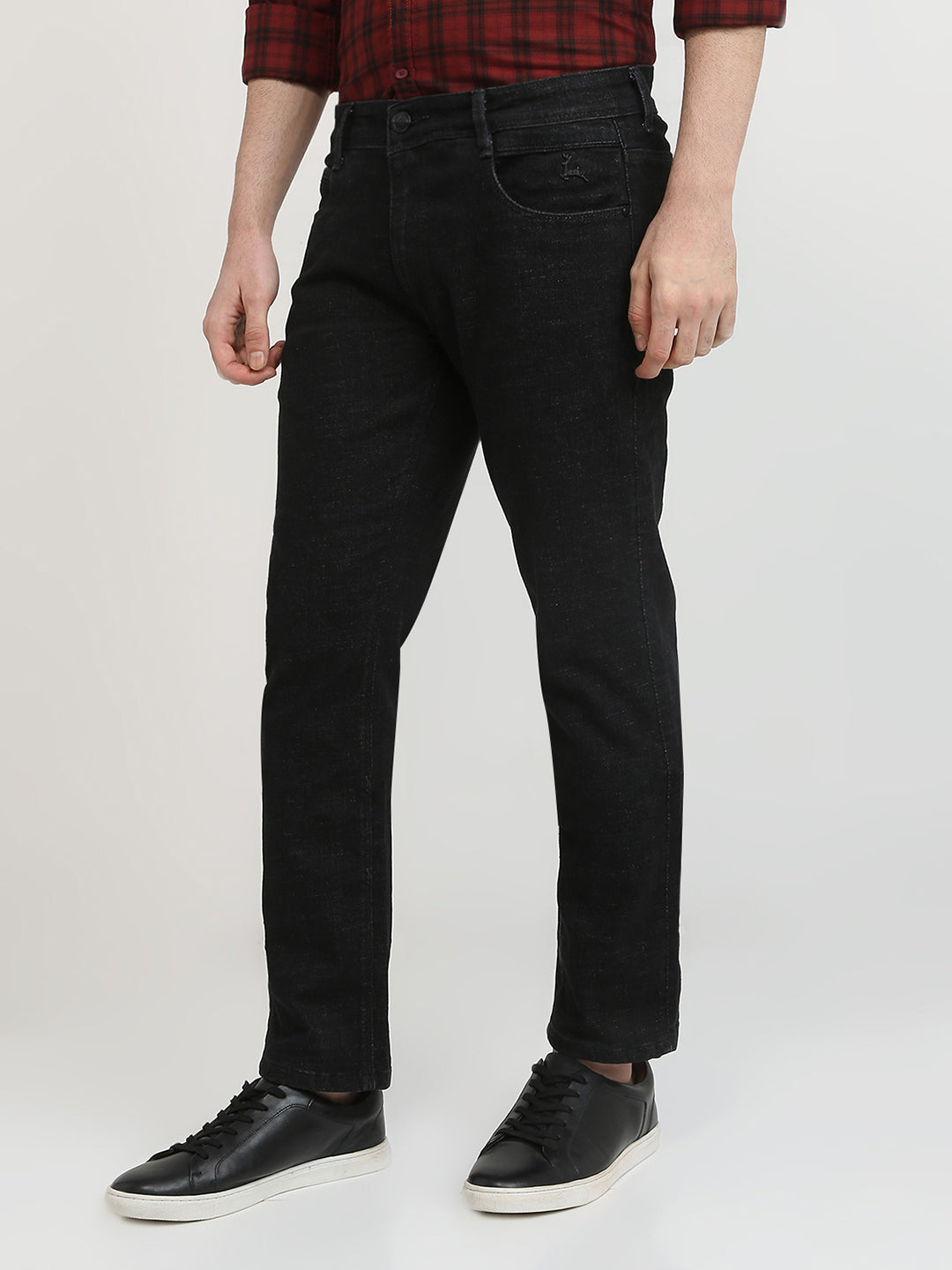 Parx Men Black Knitted Low Rise Tapered Fit Cotton Blend Jeans