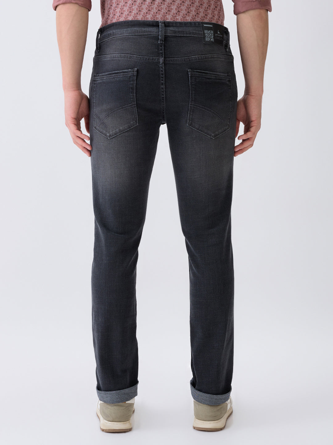 Parx Men Black Knitted Low Rise Tapered Fit Cotton Blend Jeans