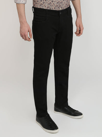 Parx Men Black Knitted Low Rise Tapered Fit Cotton Blend Jeans