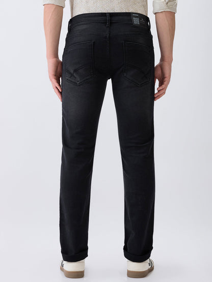 Parx Men Black Knitted Low Rise Tapered Fit Cotton Blend Jeans