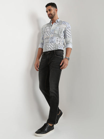 Parx Men Black Knitted Low Rise Tapered Fit Cotton Blend Jeans