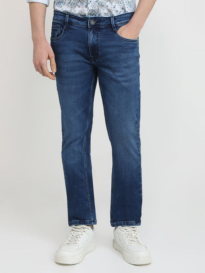 Parx Men Blue Knitted Low Rise Tapered Fit Cotton Blend Jeans