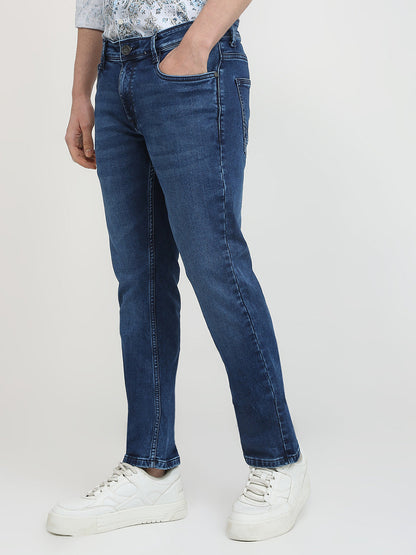 Parx Men Blue Knitted Low Rise Tapered Fit Cotton Blend Jeans