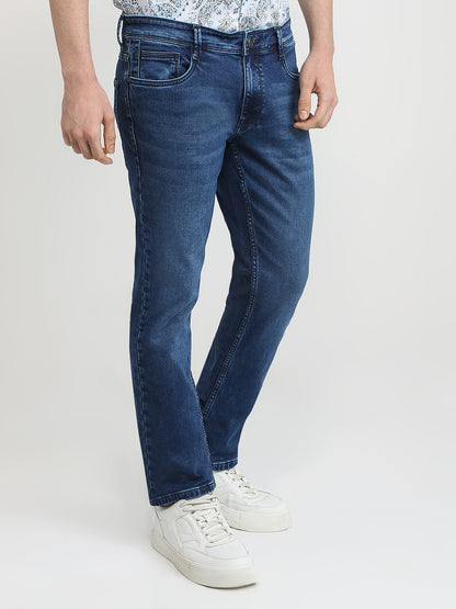 Parx Men Blue Knitted Low Rise Tapered Fit Cotton Blend Jeans