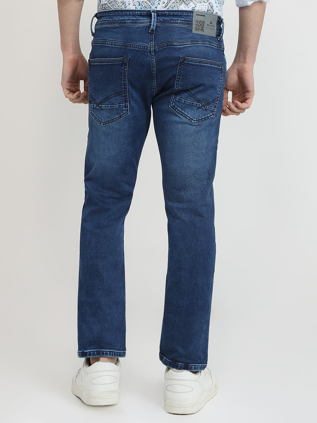 Parx Men Blue Knitted Low Rise Tapered Fit Cotton Blend Jeans