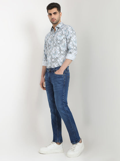 Parx Men Blue Knitted Low Rise Tapered Fit Cotton Blend Jeans