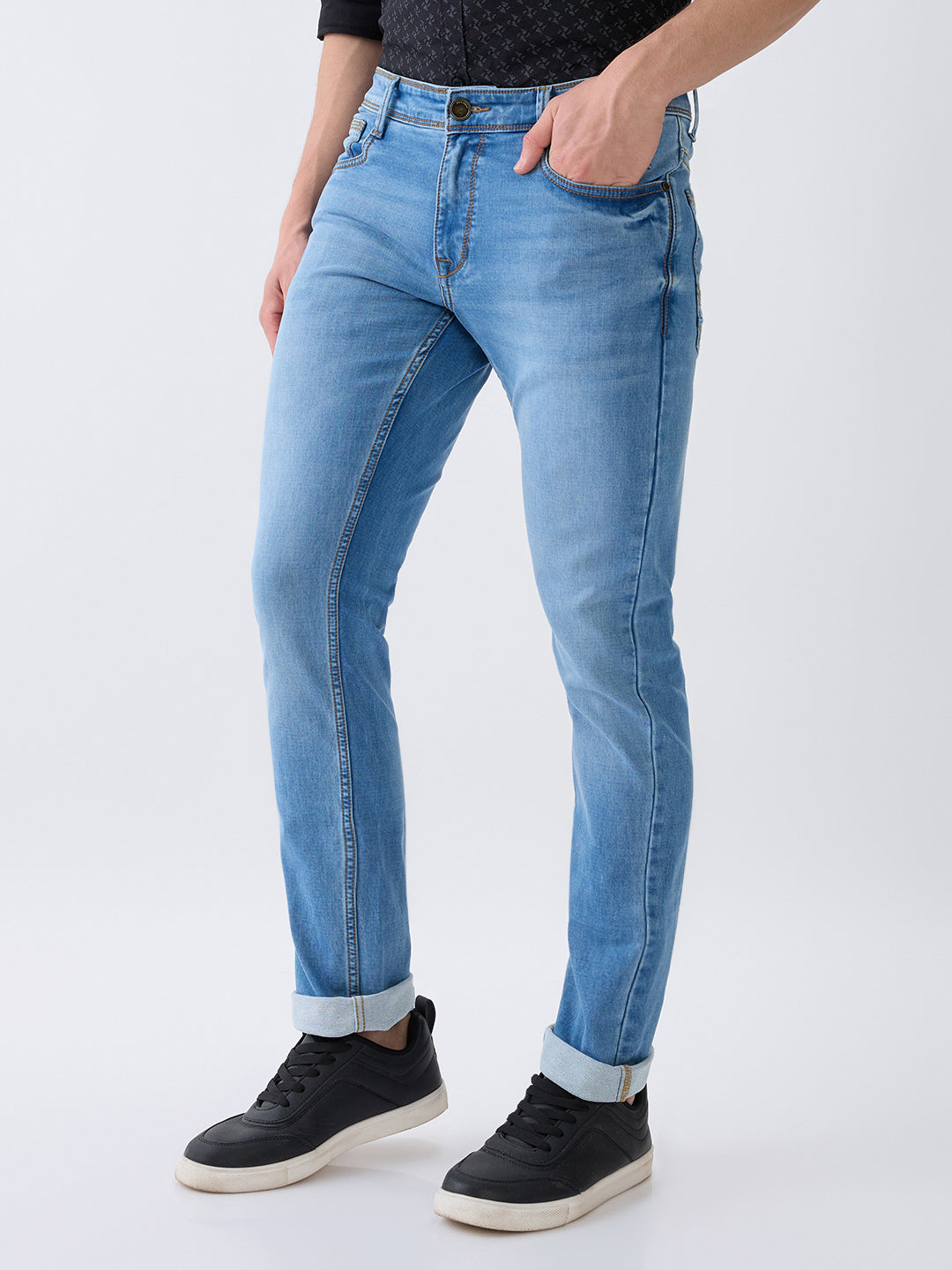 Parx Men Blue Knitted Low Rise Tapered Fit Cotton Blend Jeans