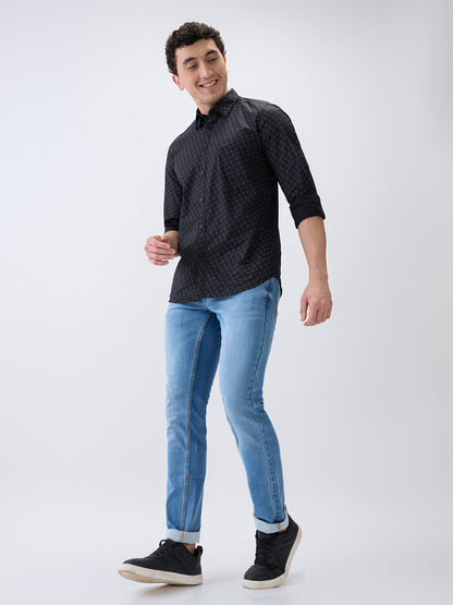 Parx Men Blue Knitted Low Rise Tapered Fit Cotton Blend Jeans