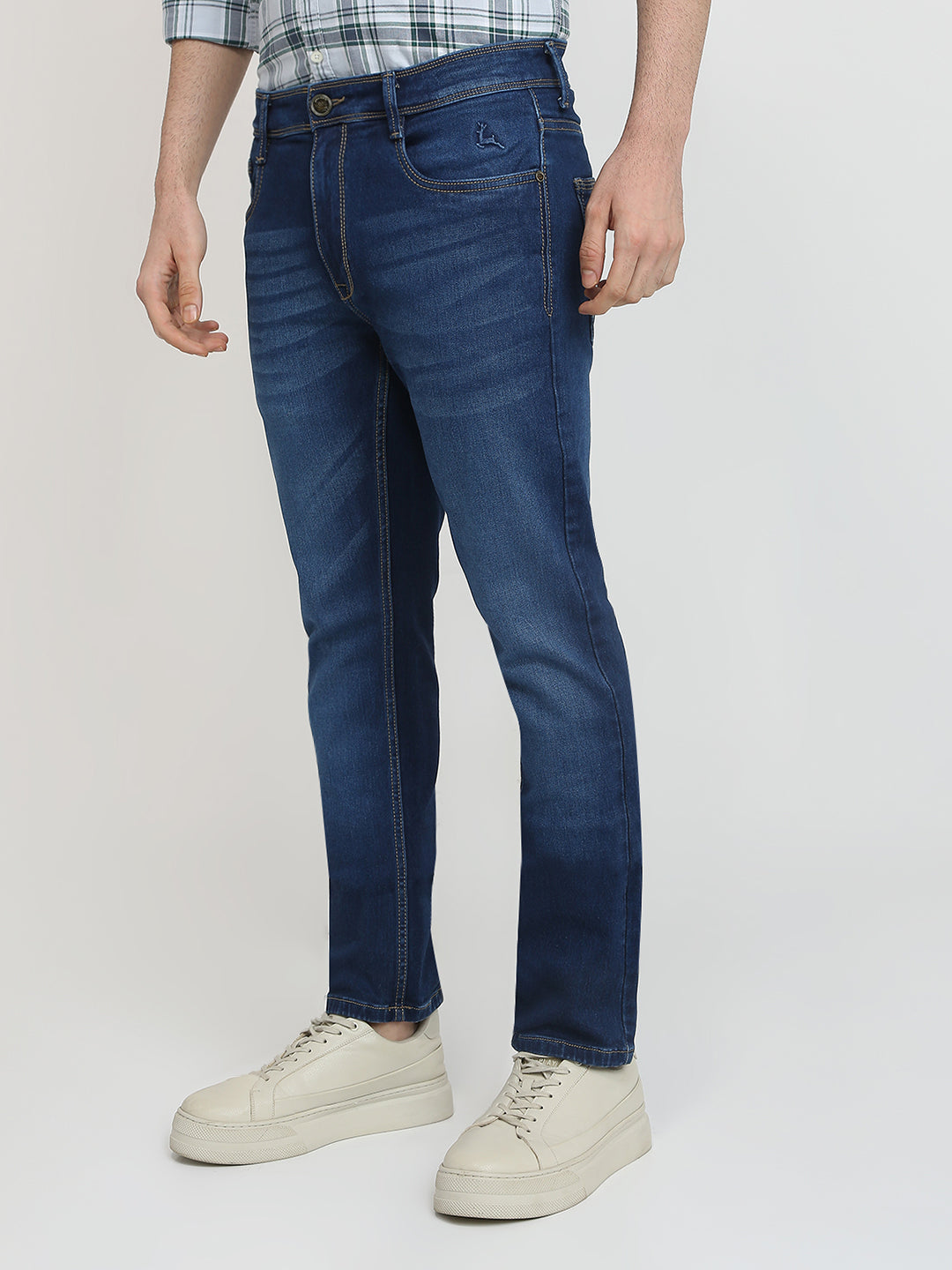 Parx Men Blue Knitted Low Rise Tapered Fit Cotton Blend Jeans