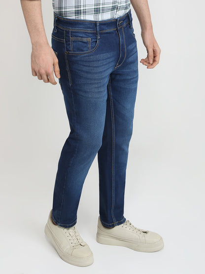 Parx Men Blue Knitted Low Rise Tapered Fit Cotton Blend Jeans