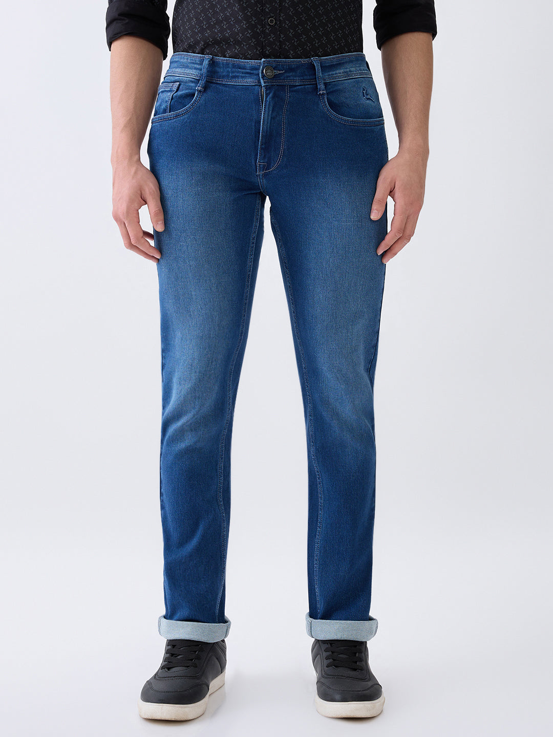 Parx Men Blue Knitted Low Rise Tapered Fit Cotton Blend Jeans