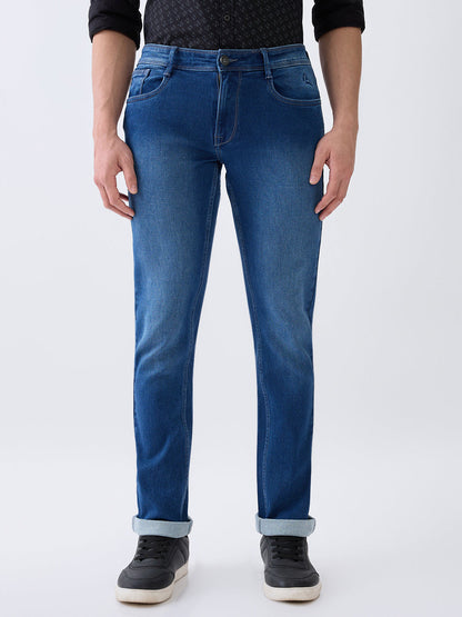 Parx Men Blue Knitted Low Rise Tapered Fit Cotton Blend Jeans