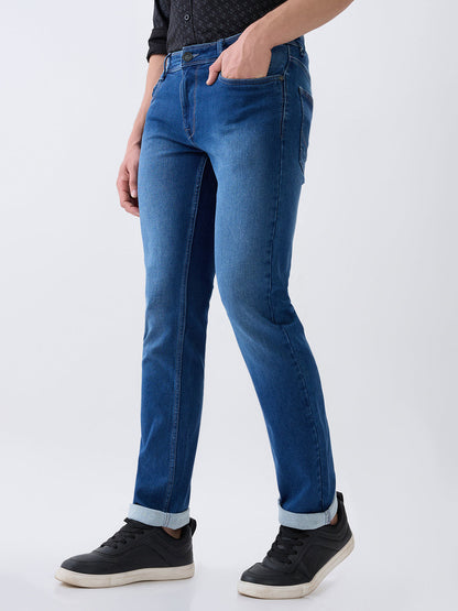 Parx Men Blue Knitted Low Rise Tapered Fit Cotton Blend Jeans