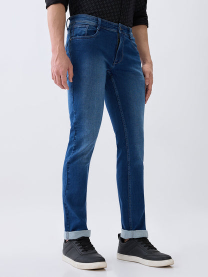 Parx Men Blue Knitted Low Rise Tapered Fit Cotton Blend Jeans