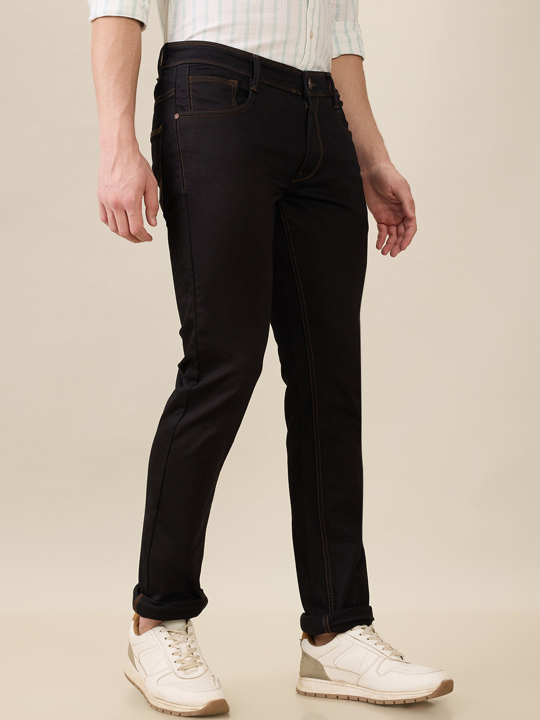 Parx Men Blue Knitted Low Rise Tapered Fit Cotton Blend Jeans