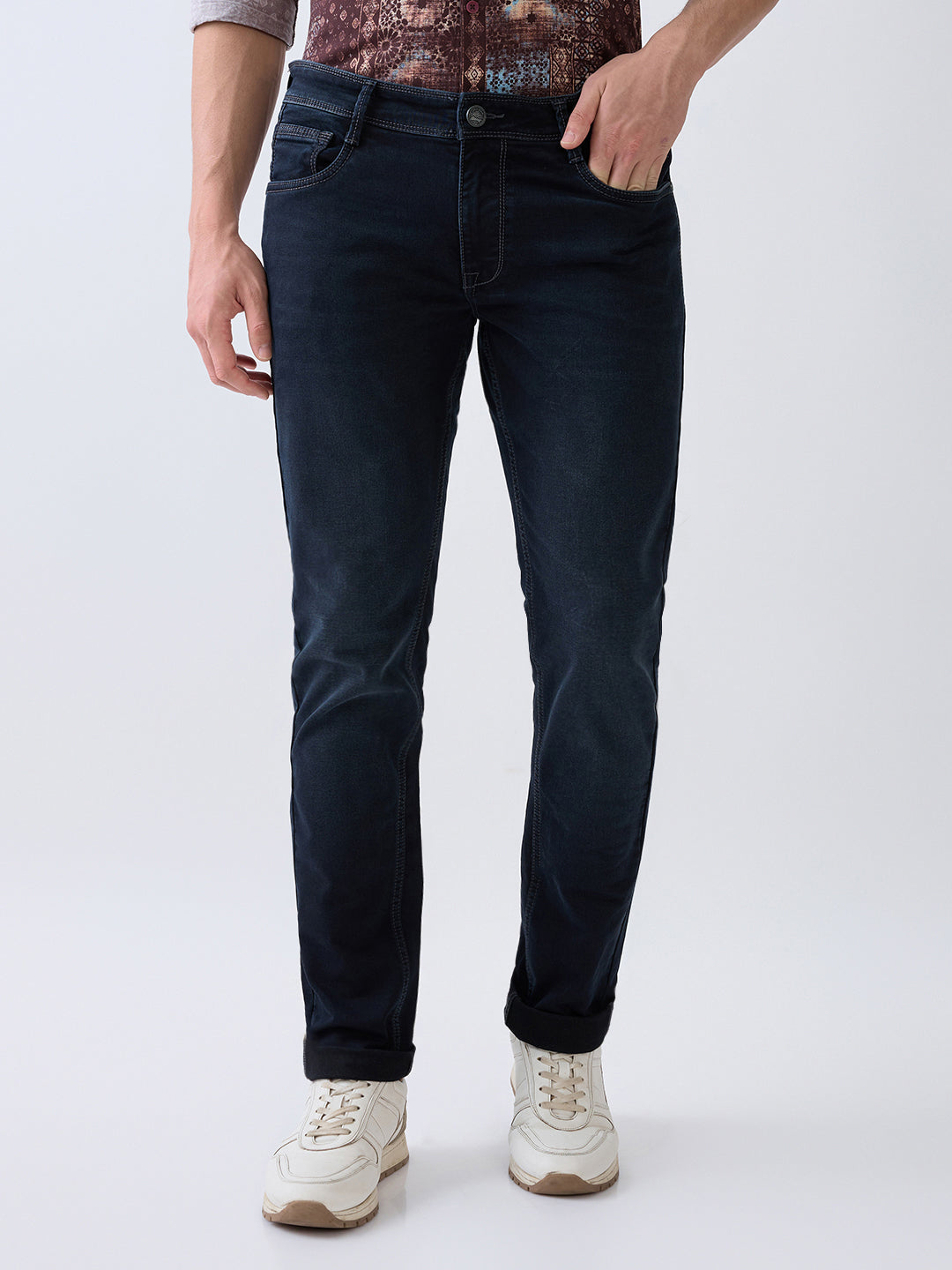 Parx Men Blue Knitted Low Rise Tapered Fit Cotton Blend Jeans