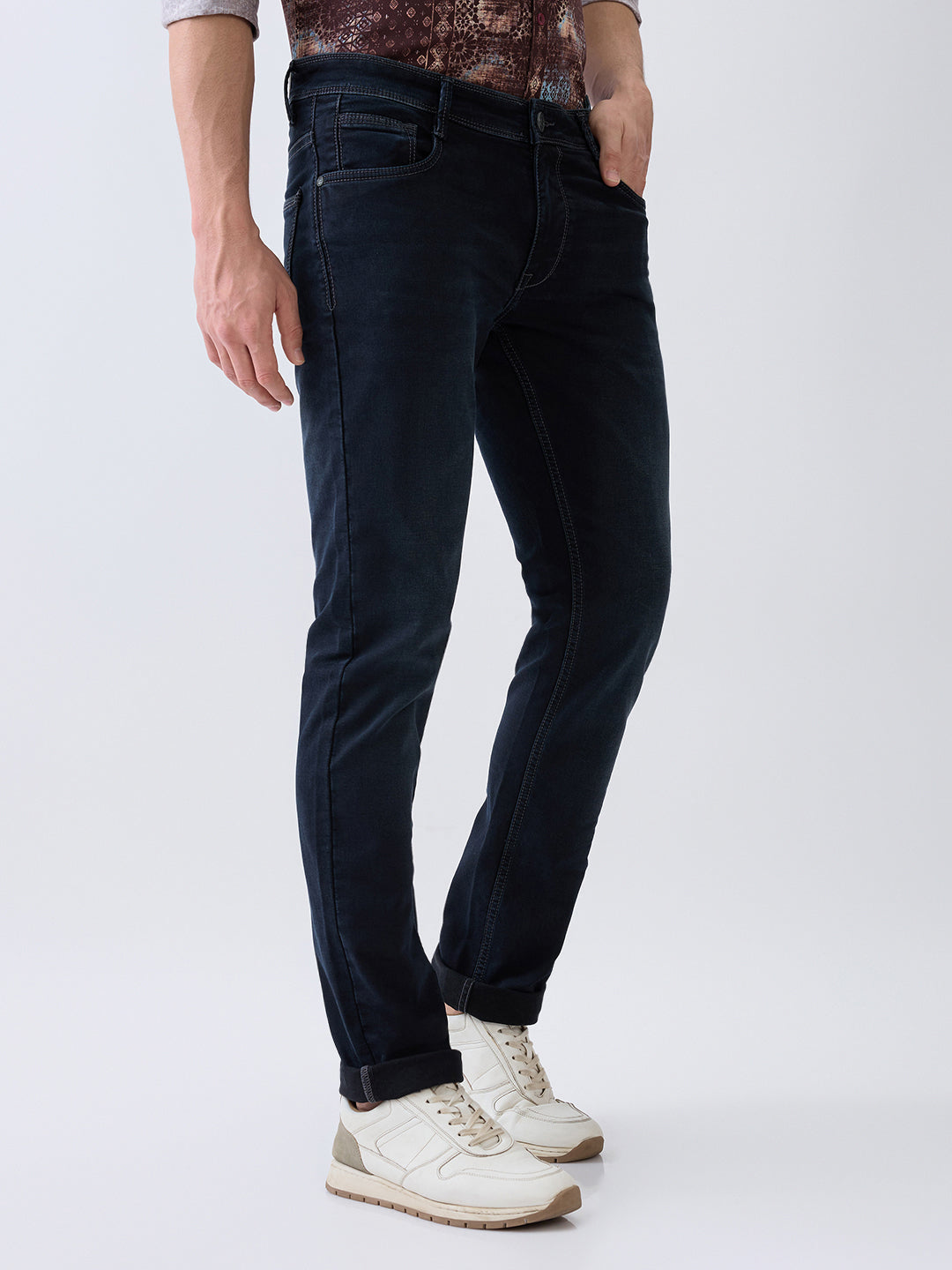 Parx Men Blue Knitted Low Rise Tapered Fit Cotton Blend Jeans