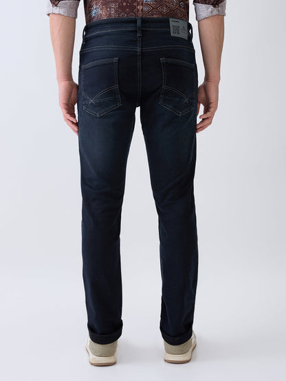 Parx Men Blue Knitted Low Rise Tapered Fit Cotton Blend Jeans