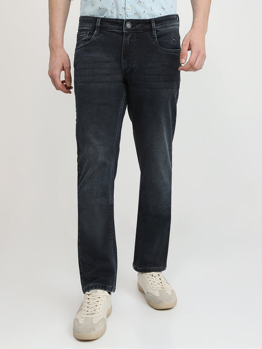 Parx Men Blue Knitted Low Rise Tapered Fit Cotton Blend Jeans