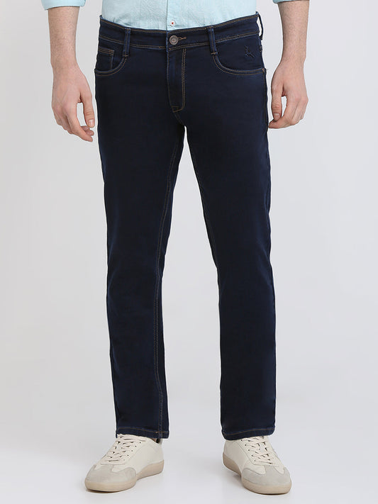 Parx Men Blue Knitted Low Rise Tapered Fit Cotton Blend Jeans