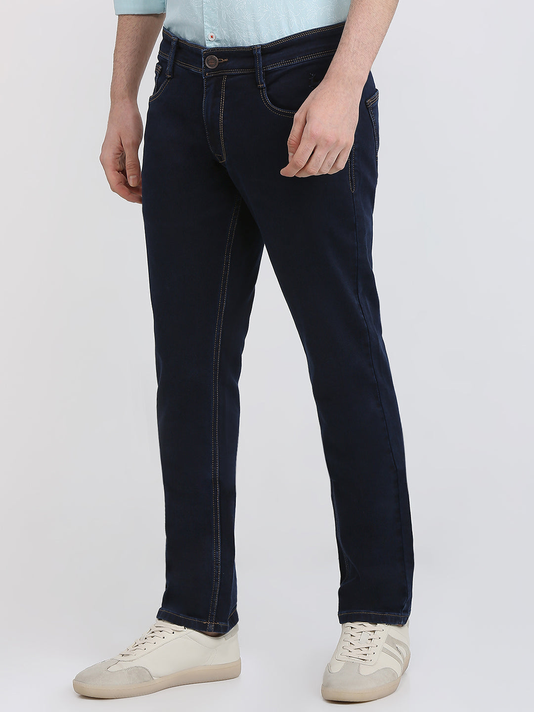 Parx Men Blue Knitted Low Rise Tapered Fit Cotton Blend Jeans