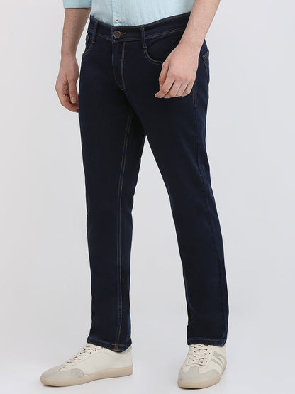 Parx Men Blue Knitted Low Rise Tapered Fit Cotton Blend Jeans