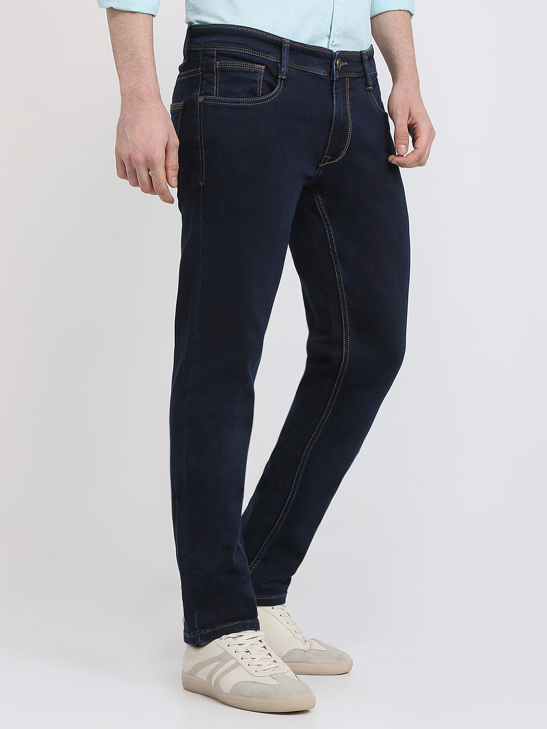 Parx Men Blue Knitted Low Rise Tapered Fit Cotton Blend Jeans