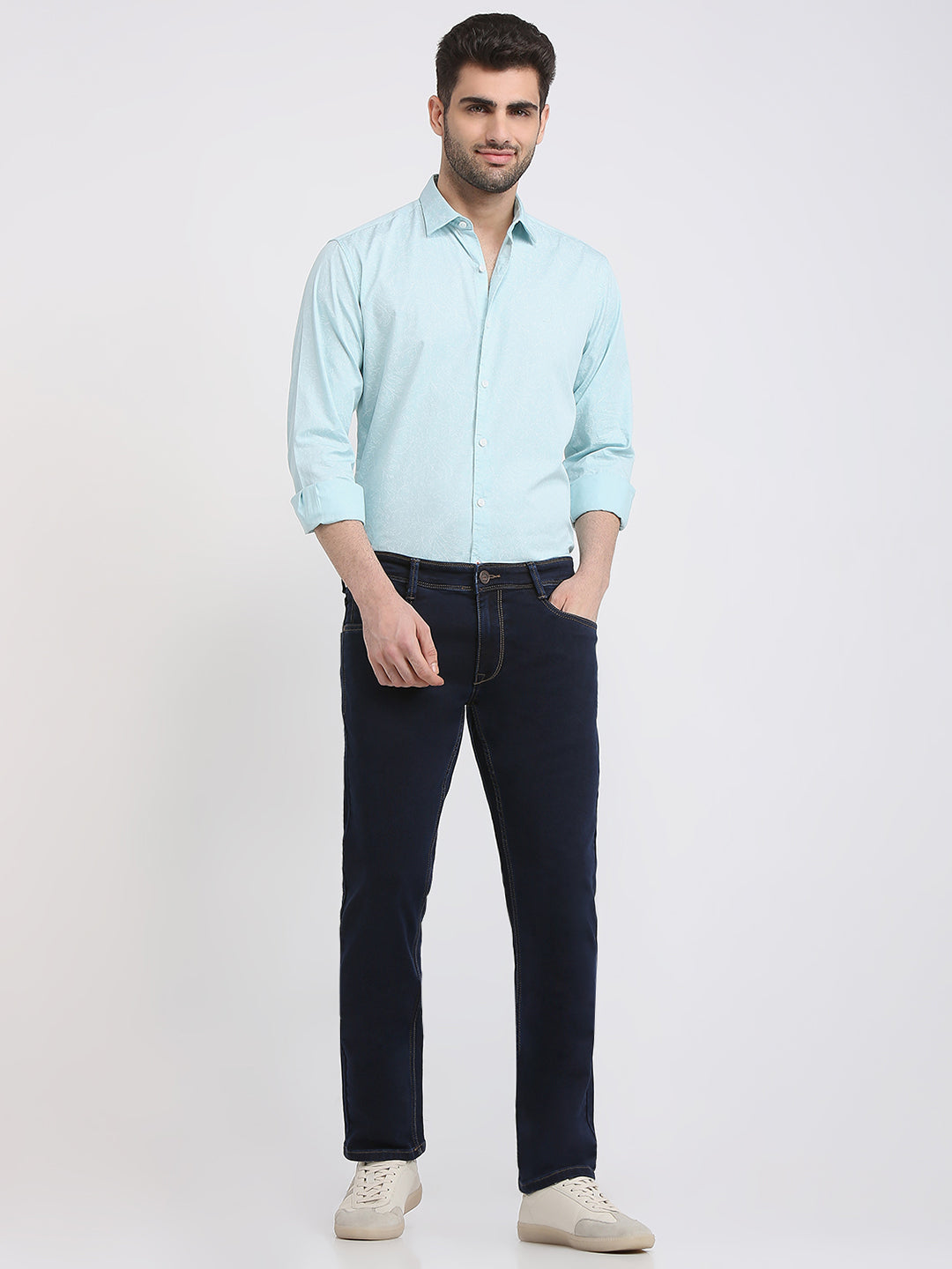 Parx Men Blue Knitted Low Rise Tapered Fit Cotton Blend Jeans