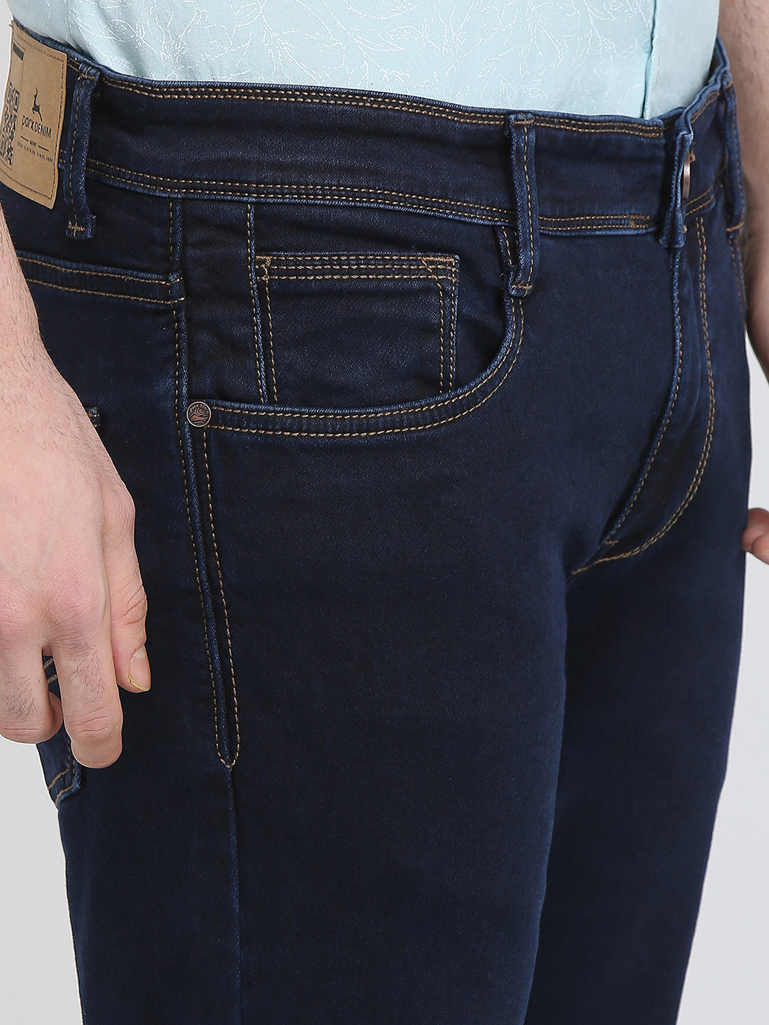 Parx Men Blue Knitted Low Rise Tapered Fit Cotton Blend Jeans