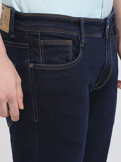 Parx Men Blue Knitted Low Rise Tapered Fit Cotton Blend Jeans