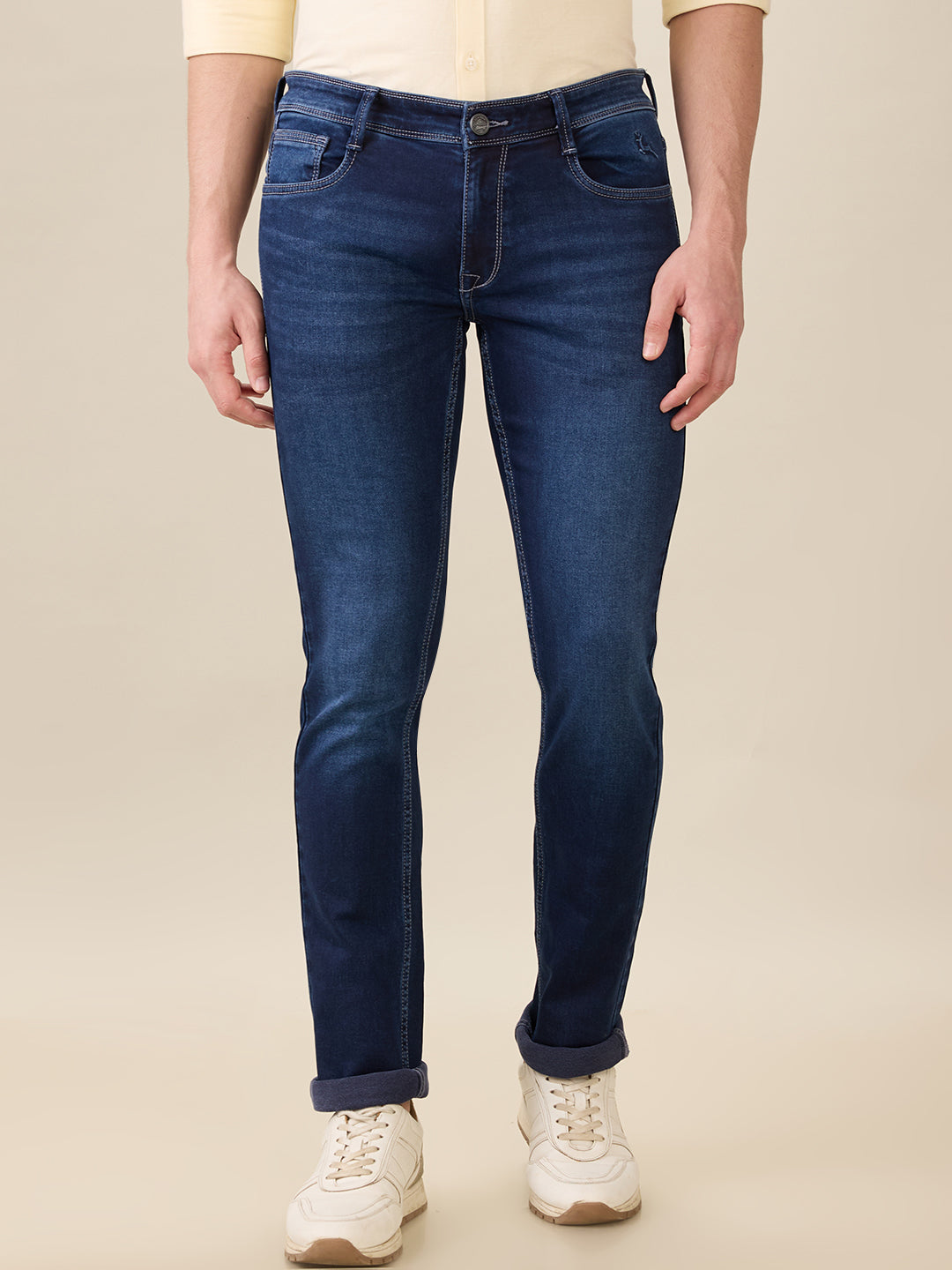 Parx Men Blue Knitted Low Rise Tapered Fit Cotton Blend Jeans