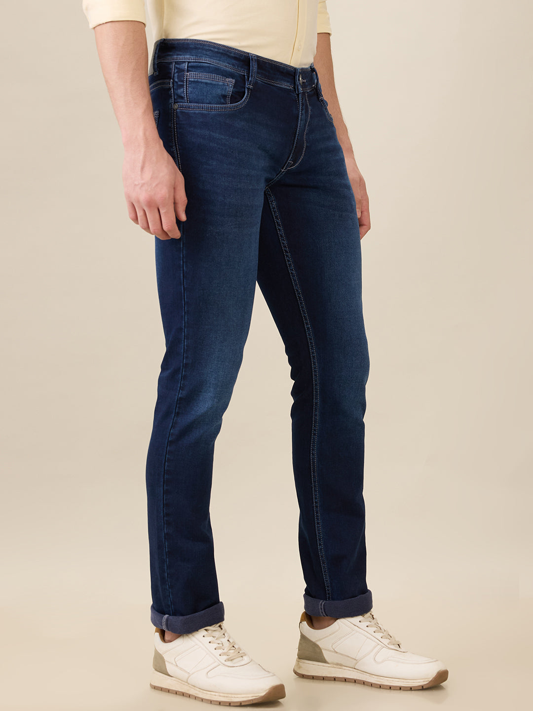 Parx Men Blue Knitted Low Rise Tapered Fit Cotton Blend Jeans