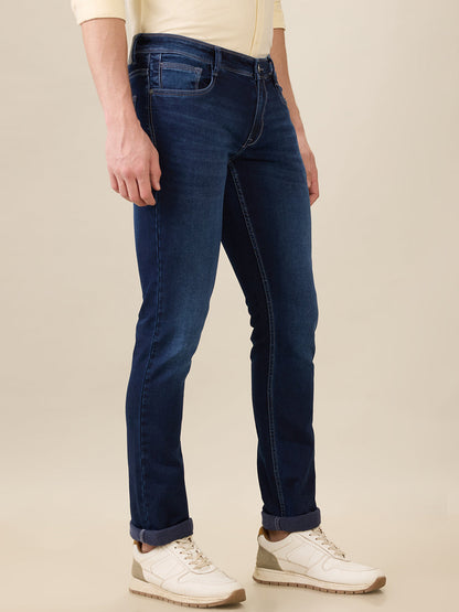 Parx Men Blue Knitted Low Rise Tapered Fit Cotton Blend Jeans