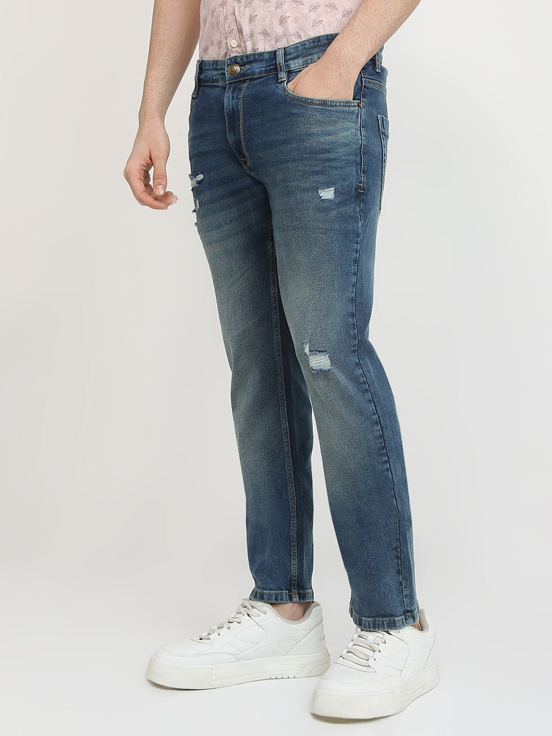 Parx Men Blue Knitted Low Rise Tapered Fit Cotton Blend Jeans